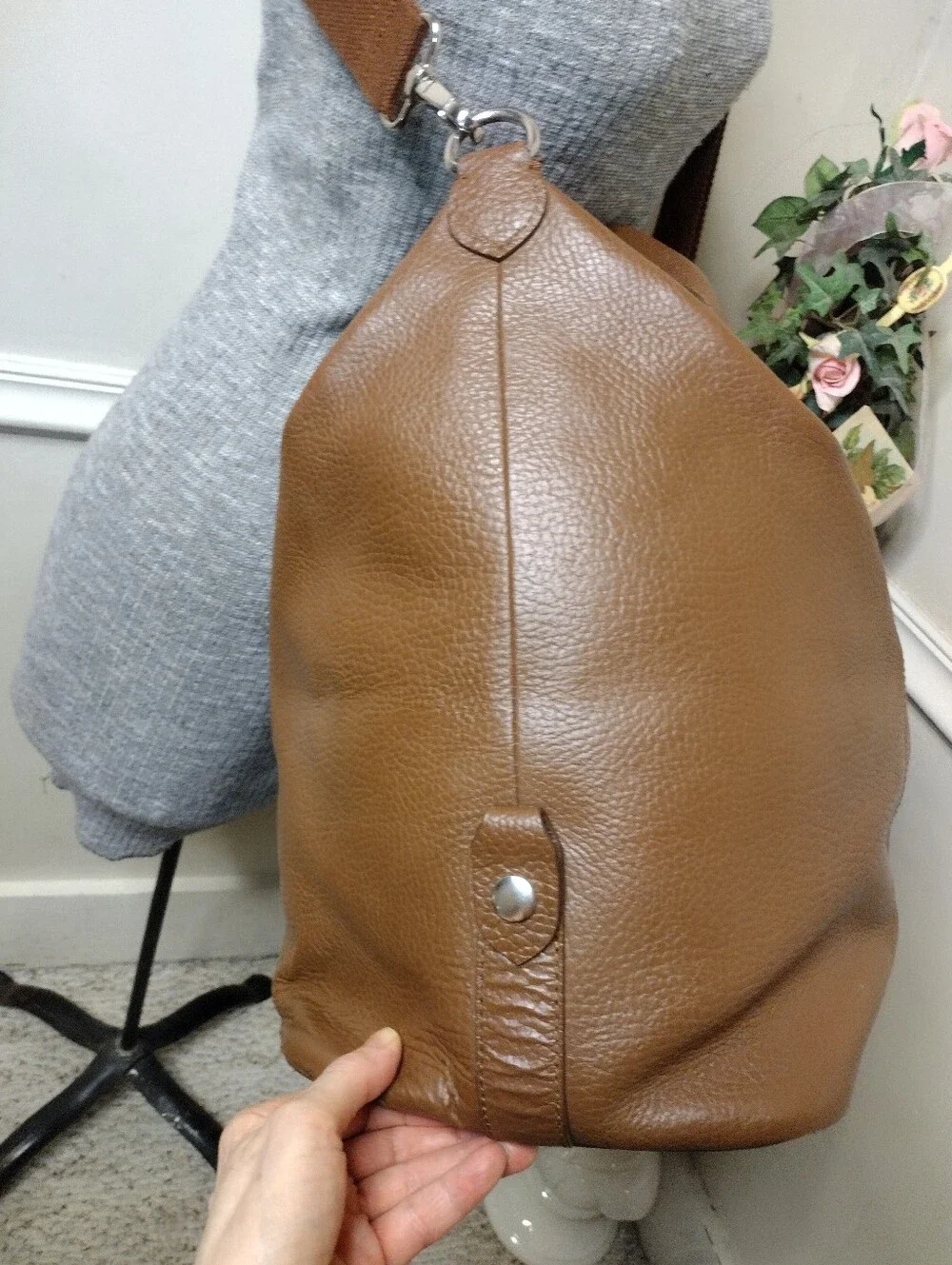 Cole Haan Men's Brown Pebbled Leather Travel Duffel With Shoulder Strap